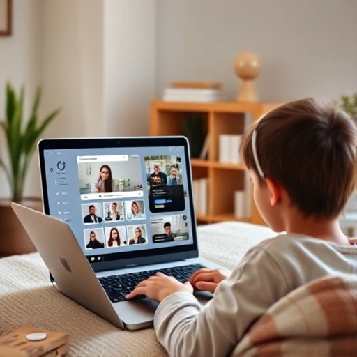 A modern online learning platform interface on a laptop screen showing educational content, with a student studying remotely in a cozy home environment, soft natural lighting, minimalistic design, focus on digital education and technology