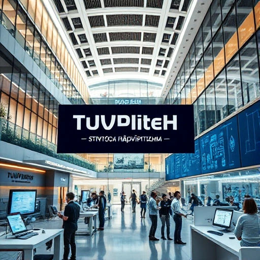 A modern university campus with futuristic architecture, students collaborating in high-tech labs, digital screens displaying engineering schematics, and a banner reading 'TuVPoliteh: стратегия развития' in Russian, all rendered in a clean, professional, smallHQ style with soft lighting and detailed textures