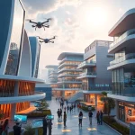 A futuristic university campus with sleek modern architecture, glowing digital interfaces, students collaborating with holographic displays, autonomous drones delivering materials, and renewable energy systems integrated into the buildings, all under a bright optimistic sky, conveying the theme 'the future is already here'