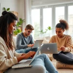 A modern online education scene showing a diverse group of students studying on laptops and tablets in a bright, clean home environment, with subtle digital icons representing learning (like graphs, books, and code) floating softly in the background, conveying the concept of online learning at tuvpoliteh