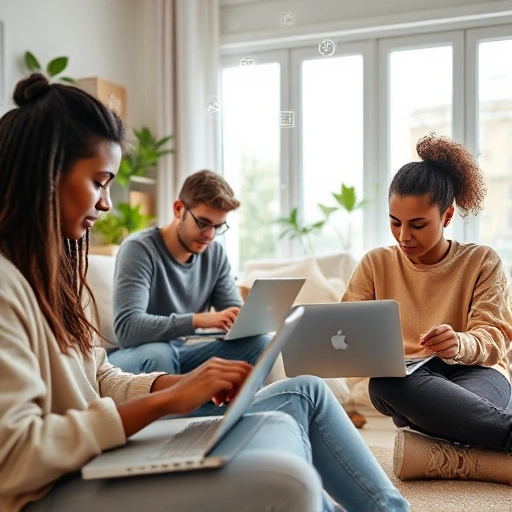 A modern online education scene showing a diverse group of students studying on laptops and tablets in a bright, clean home environment, with subtle digital icons representing learning (like graphs, books, and code) floating softly in the background, conveying the concept of online learning at tuvpoliteh