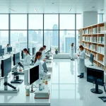 A modern university research laboratory with scientists in lab coats conducting experiments, microscopes, computers with data graphs, bookshelves with scientific journals, and a large window showing a city skyline, all in a clean, professional, and inspiring academic environment