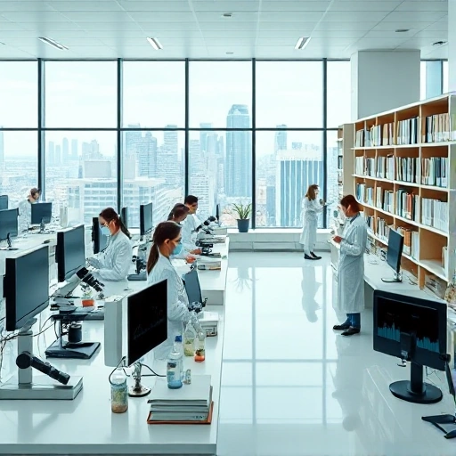 A modern university research laboratory with scientists in lab coats conducting experiments, microscopes, computers with data graphs, bookshelves with scientific journals, and a large window showing a city skyline, all in a clean, professional, and inspiring academic environment