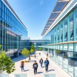 A modern, high-tech university campus building with sleek glass facades, solar panels on the roof, students walking with laptops and tablets, digital information displays showing engineering projects, a futuristic lab with robotic arms and 3D printers visible through windows, surrounded by green trees and clean pathways, bright daylight, professional architectural photography style