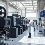 A modern engineering workshop with advanced machinery, engineers in lab coats working on high-tech equipment, blueprints and digital displays showing technical schematics, symbolizing technical improvement and innovation, clean and professional environment, soft natural lighting, detailed but not cluttered