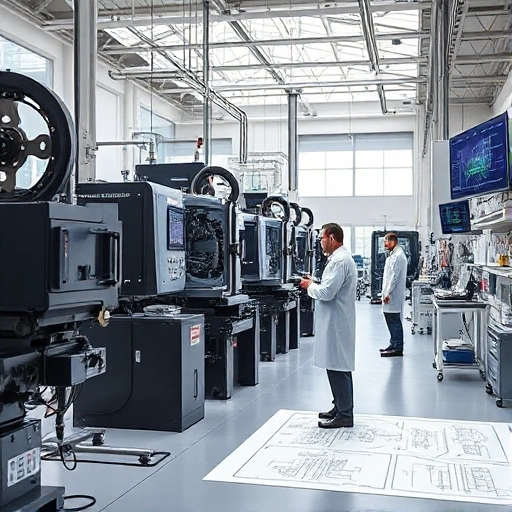 A modern engineering workshop with advanced machinery, engineers in lab coats working on high-tech equipment, blueprints and digital displays showing technical schematics, symbolizing technical improvement and innovation, clean and professional environment, soft natural lighting, detailed but not cluttered