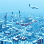 A modern industrial landscape representing the global perspective of the tuvpoliteh industry, featuring interconnected factories, advanced machinery, and international trade routes symbolized by cargo ships and aircraft, all rendered in a clean, high-detail style with subtle blue and silver tones to convey technological advancement and global connectivity