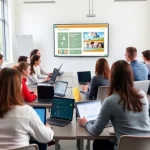 A modern university classroom with diverse students using laptops and tablets, interactive smartboard displaying educational content, bright natural light from large windows, contemporary minimalist design, focus on active learning and technology integration