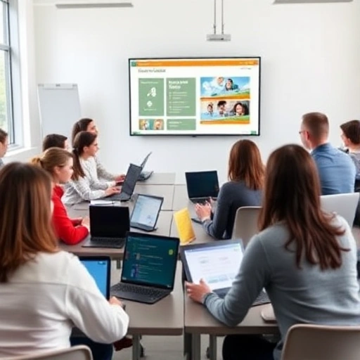 A modern university classroom with diverse students using laptops and tablets, interactive smartboard displaying educational content, bright natural light from large windows, contemporary minimalist design, focus on active learning and technology integration