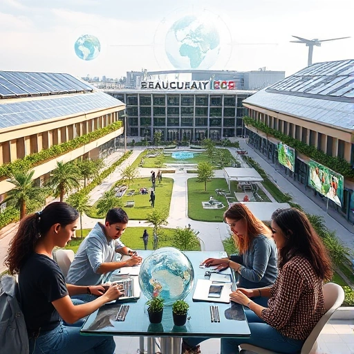 A modern university campus with students from diverse backgrounds collaborating on innovative technology projects, futuristic architecture with solar panels and green spaces, digital screens displaying global education trends, subtle symbols of international cooperation like interconnected globes and flags in the background, soft natural lighting, high detail, realistic style