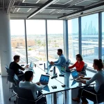 A modern startup office space in TuvPoliteh region, featuring young diverse entrepreneurs collaborating at glass desks with laptops, holographic data displays showing tech innovation graphs, subtle branding with 'TuvPoliteh' in minimalist sans-serif on a wall, bright natural light from large windows overlooking a tech park with solar panels and green roofs, clean futuristic aesthetic, no text visible except the subtle wall branding