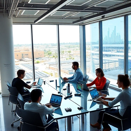A modern startup office space in TuvPoliteh region, featuring young diverse entrepreneurs collaborating at glass desks with laptops, holographic data displays showing tech innovation graphs, subtle branding with 'TuvPoliteh' in minimalist sans-serif on a wall, bright natural light from large windows overlooking a tech park with solar panels and green roofs, clean futuristic aesthetic, no text visible except the subtle wall branding