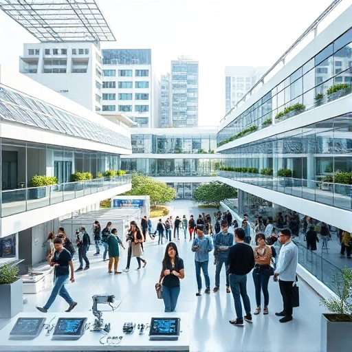 A modern university campus with innovative technology labs, students collaborating on robotics and AI projects, solar panels on buildings, digital displays showing research data, futuristic architecture blending with green spaces, diverse group of young engineers and scientists working together, bright daylight, clean and inspiring atmosphere