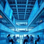 A modern university campus building with digital screens displaying data streams, students using tablets and laptops in collaborative spaces, futuristic interface elements like holographic graphs and network diagrams floating in the air, symbolizing digital transformation in education, clean minimalist design with blue and white color scheme