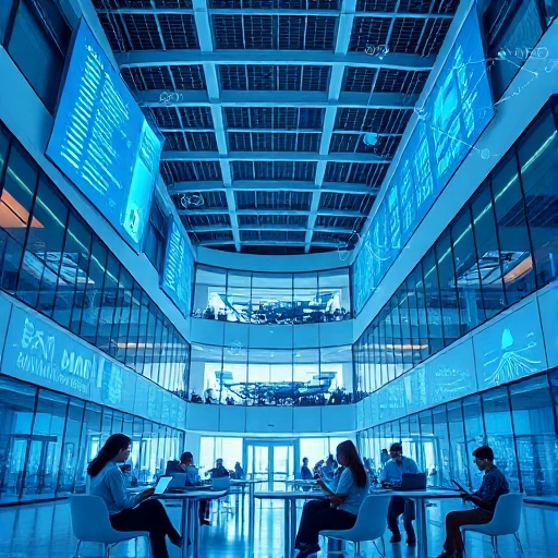 A modern university campus building with digital screens displaying data streams, students using tablets and laptops in collaborative spaces, futuristic interface elements like holographic graphs and network diagrams floating in the air, symbolizing digital transformation in education, clean minimalist design with blue and white color scheme