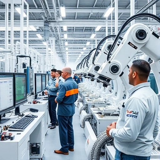 A modern industrial facility with clean production lines, engineers in uniforms monitoring automated machinery, digital control panels displaying real-time data, and a service technician performing maintenance on robotic arms, all set in a bright, high-tech environment with subtle branding elements suggesting 'TuVPoliteh' without text or logos
