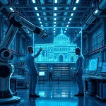 A futuristic engineering laboratory with advanced robotic arms, holographic blueprints of sustainable infrastructure, engineers in smart suits collaborating with AI interfaces, glowing energy cores, and sleek metallic architecture under a soft ambient light, symbolizing the technologies of the future