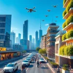 A futuristic, vibrant cityscape with glowing solar panels on skyscrapers, autonomous electric vehicles moving silently on clean streets, diverse people of all ages and ethnicities collaborating in open-air tech hubs with holographic displays showing sustainable energy data, lush vertical gardens covering building facades, and a clear blue sky with drones delivering packages — all symbolizing how tuvpoliteh is transforming the world through innovation and sustainability