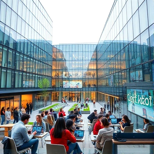A modern university campus with sleek glass buildings, students using laptops and tablets in collaborative spaces, digital screens displaying educational content, diverse group of young people engaged in learning, futuristic yet welcoming atmosphere, natural light, clean lines, high-tech educational environment