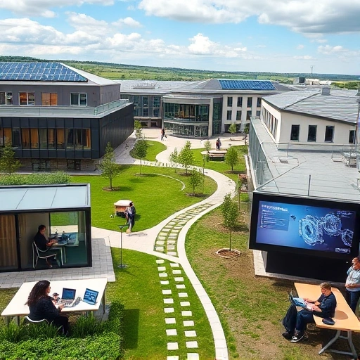 A modern university campus of Tuvpoliteh (Tuva Polytechnic Institute) with contemporary architecture, students using laptops and tablets in bright classrooms, solar panels on rooftops, green spaces with walking paths, and digital screens displaying engineering projects, all reflecting innovation and technological advancement in today's world
