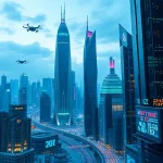 A futuristic cityscape with advanced technology, sleek skyscrapers, flying vehicles, and glowing digital interfaces, representing technologies of tomorrow, in a clean, high-detail, smallHQ style