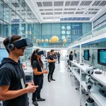 A modern university campus with advanced technology labs, students using VR headsets and robotics, futuristic architecture with glass and steel, digital displays showing data streams, solar panels on rooftops, clean and bright environment, conveying innovation and education in technology