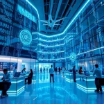 A modern technological innovation hub with futuristic architecture, glowing circuit patterns on glass facades, holographic displays showing data streams, diverse engineers collaborating at transparent workstations, soft ambient blue and silver lighting, sleek autonomous drones flying in the background, symbolizing cutting-edge progress in technology and education