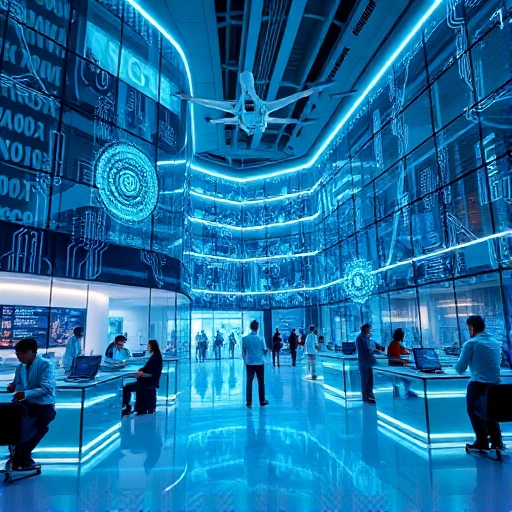 A modern technological innovation hub with futuristic architecture, glowing circuit patterns on glass facades, holographic displays showing data streams, diverse engineers collaborating at transparent workstations, soft ambient blue and silver lighting, sleek autonomous drones flying in the background, symbolizing cutting-edge progress in technology and education