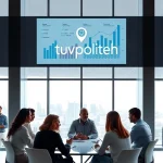 A professional and modern business scene showing a diverse group of people in a collaborative meeting, with charts and graphs on a digital screen, a city skyline visible through large windows, and a subtle logo or text element reading 'tuvpoliteh' integrated into the background design, conveying success, innovation, and teamwork