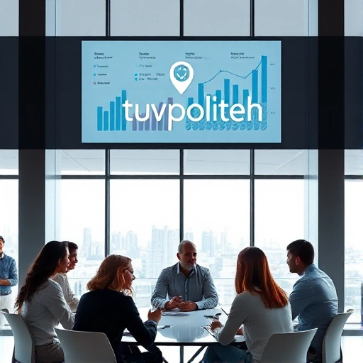 A professional and modern business scene showing a diverse group of people in a collaborative meeting, with charts and graphs on a digital screen, a city skyline visible through large windows, and a subtle logo or text element reading 'tuvpoliteh' integrated into the background design, conveying success, innovation, and teamwork