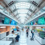 A modern university campus with futuristic architecture, students collaborating in high-tech labs, digital screens displaying innovative research, and engineers working on advanced robotics and sustainable energy systems, all in a clean, bright, and inspiring environment