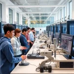 A modern university campus with students and faculty collaborating in a high-tech engineering lab, featuring advanced robotics, 3D printers, and digital workstations, symbolizing the challenges and opportunities of technological education at tuvpoliteh, in a clean, professional, and inspiring atmosphere