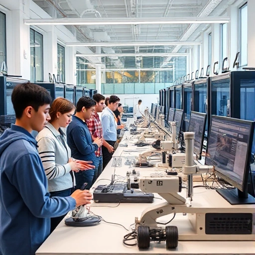 A modern university campus with students and faculty collaborating in a high-tech engineering lab, featuring advanced robotics, 3D printers, and digital workstations, symbolizing the challenges and opportunities of technological education at tuvpoliteh, in a clean, professional, and inspiring atmosphere