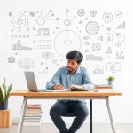 A person studying at a desk with books and a laptop, surrounded by technical diagrams and symbols related to engineering or technology, representing the journey to becoming an expert in tuvpoliteh, in a clean, focused, educational atmosphere