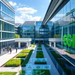 A futuristic university campus with modern glass buildings, solar panels, students in smart clothing walking between structures, holographic displays showing engineering concepts, green spaces with vertical gardens, and a clear blue sky — all rendered in a clean, high-detail, smallHQ style