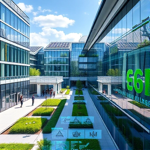 A futuristic university campus with modern glass buildings, solar panels, students in smart clothing walking between structures, holographic displays showing engineering concepts, green spaces with vertical gardens, and a clear blue sky — all rendered in a clean, high-detail, smallHQ style