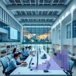 A modern university campus with students collaborating in a high-tech lab, engineers working on innovative projects, and digital graphs showing growth in competitiveness, symbolizing TuvPoliteh's efforts to enhance competitiveness through education and technology