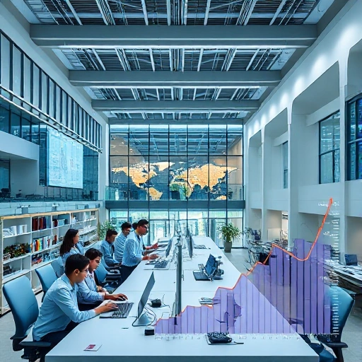 A modern university campus with students collaborating in a high-tech lab, engineers working on innovative projects, and digital graphs showing growth in competitiveness, symbolizing TuvPoliteh's efforts to enhance competitiveness through education and technology