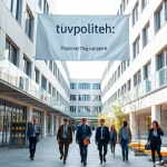 A modern university campus with students in professional attire walking between buildings, a banner showing 'tuvpoliteh: перспективы карьеры' in Russian, subtle icons of career growth like upward arrows and briefcases integrated into the architecture, bright daylight, realistic but slightly idealized aesthetic