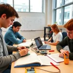 A modern university classroom with students actively engaged in hands-on technical work: one student soldering a circuit board, another programming a microcontroller on a laptop, a third using a 3D printer to create a prototype, and a fourth measuring voltage with a multimeter. The room has visible tools, open textbooks on practical electronics, whiteboards with diagrams of circuits and code, and natural light from large windows. The atmosphere is focused, collaborative, and skill-oriented, refl