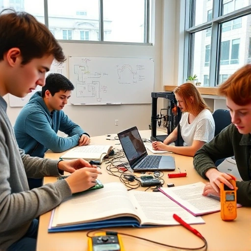 A modern university classroom with students actively engaged in hands-on technical work: one student soldering a circuit board, another programming a microcontroller on a laptop, a third using a 3D printer to create a prototype, and a fourth measuring voltage with a multimeter. The room has visible tools, open textbooks on practical electronics, whiteboards with diagrams of circuits and code, and natural light from large windows. The atmosphere is focused, collaborative, and skill-oriented, refl