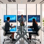 A modern business office interior with professionals collaborating around a glass table, digital screens displaying growth charts and data analytics, subtle university branding elements in the background, soft natural lighting, minimalist design, high detail, realistic rendering