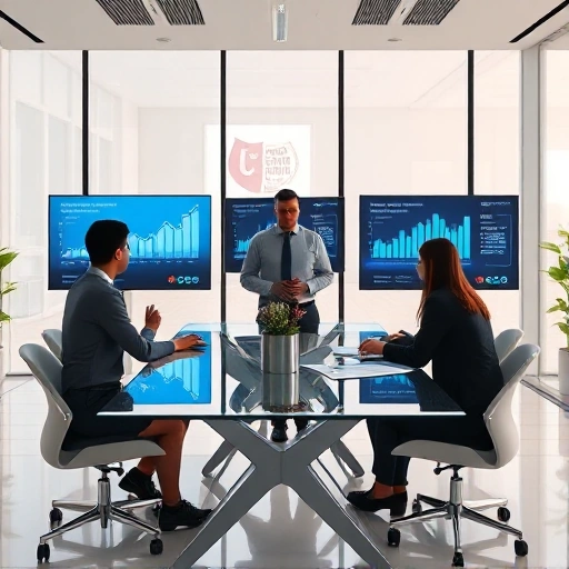 A modern business office interior with professionals collaborating around a glass table, digital screens displaying growth charts and data analytics, subtle university branding elements in the background, soft natural lighting, minimalist design, high detail, realistic rendering