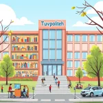A modern university campus building with the name 'Tuvpoliteh' visible on a sign, showing students studying in a library, working in a lab with equipment, and attending a lecture, conveying both advantages like quality education and modern facilities, and disadvantages such as overcrowded classrooms and limited parking, all in a balanced, realistic illustration style