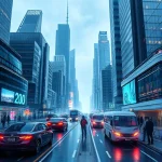 A futuristic cityscape with sleek high-tech buildings, glowing digital interfaces, autonomous vehicles, and people interacting with holographic displays, symbolizing technological progress, in a clean, modern, high-detail aesthetic