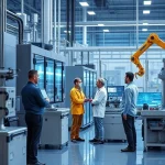 A modern engineering technology scene featuring sleek industrial machinery, digital interfaces, and engineers in professional attire collaborating in a high-tech lab or factory environment, with subtle hints of innovation like holographic displays and robotic arms, all rendered in a clean, detailed, high-quality aesthetic