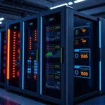A modern computer server rack with glowing performance indicators, sleek design, and subtle digital overlays showing speed and efficiency metrics, representing improved performance for tuvpoliteh systems