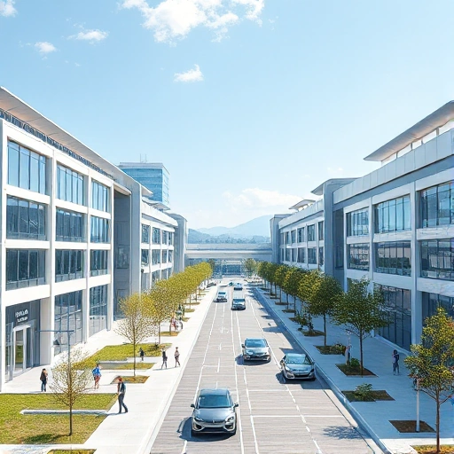 A modern university campus with sleek futuristic buildings, students using holographic displays and robotic assistants, solar panels on rooftops, autonomous electric vehicles moving along clean pathways, digital signage showing real-time data, all under a bright clear sky with subtle digital overlays suggesting AI integration, in a clean, high-detail, photorealistic style