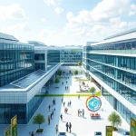 A modern, futuristic university campus with sleek glass buildings, solar panels on rooftops, students collaborating in open-air tech labs, holographic displays showing engineering schematics, and a subtle emblem of 'TuVPoliteh' integrated into the architecture, conveying innovation and academic excellence in a clean, high-tech environment