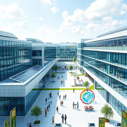 A modern, futuristic university campus with sleek glass buildings, solar panels on rooftops, students collaborating in open-air tech labs, holographic displays showing engineering schematics, and a subtle emblem of 'TuVPoliteh' integrated into the architecture, conveying innovation and academic excellence in a clean, high-tech environment